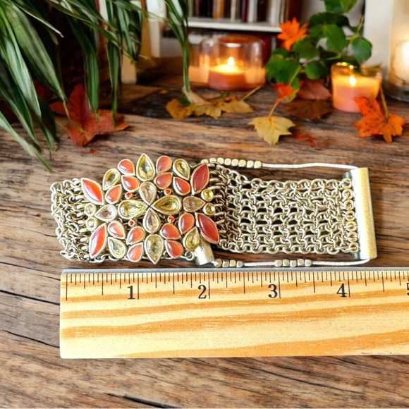 KENNETH COLE Gold-Tone Stretch Bracelet w/ Red & Amber Stones - Picture 9 of 10